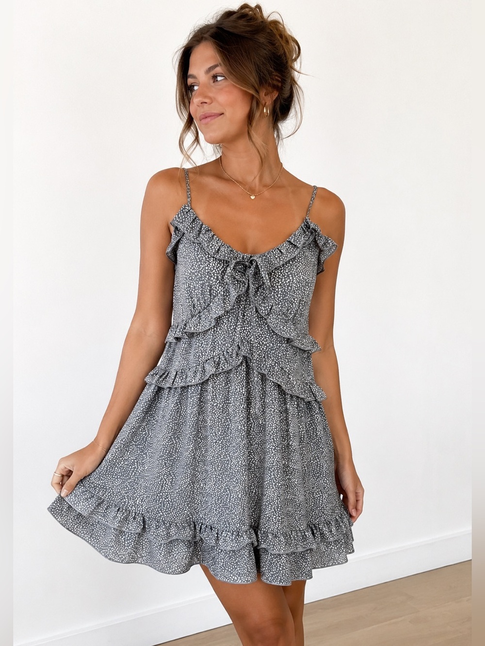 Jodifl Ruffle Tiered Mini Dress Gray Speckled Print Size Small Boho Cottagecore